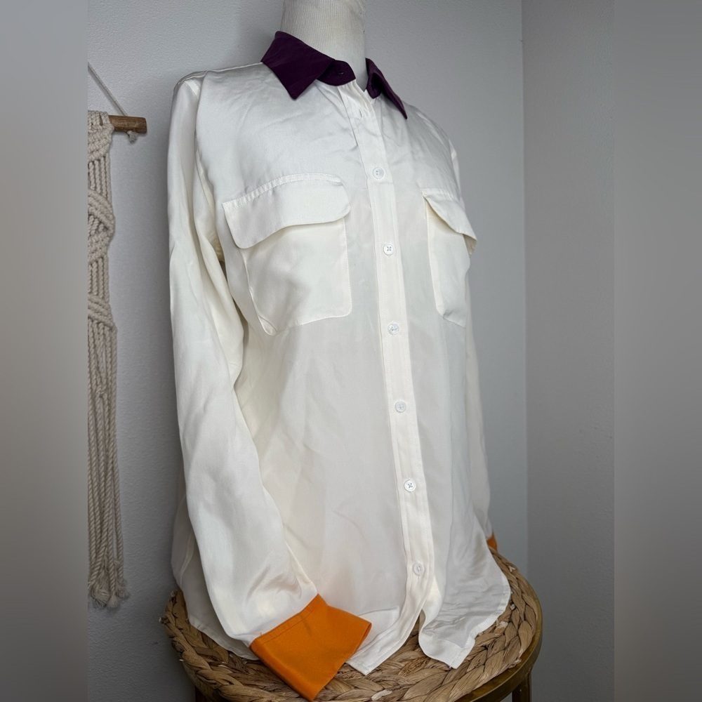 Equipment silk blouse Slim Signature color block purple collar orange cuff top